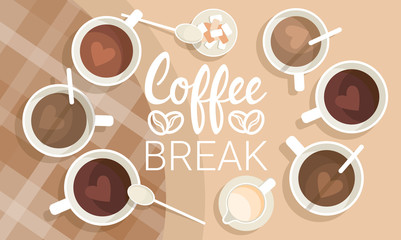 Coffee Cup Break Breakfast Drink Beverage Top View Flat Vector Illustration