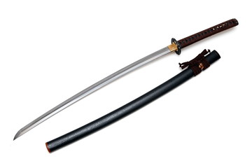 Japanese sword and scabbard with white background