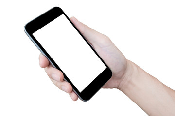 Hand holding black smartphone with blank screen isolated on white background.