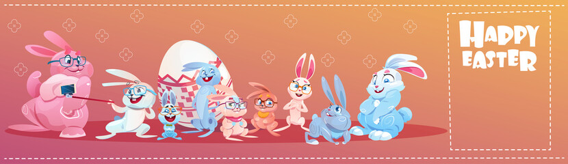 Rabbit Easter Holiday Bunny Decorated Eggs Greeting Card Flat Vector Illustration