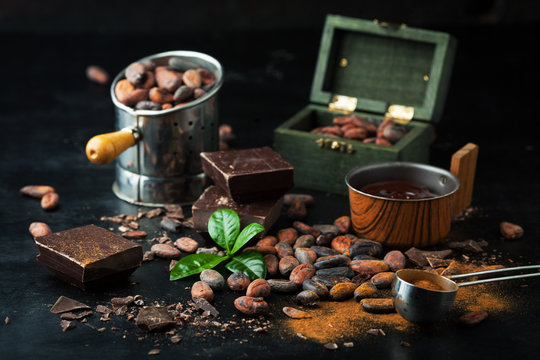 Cocoa beans, chocolate and cocoa powder