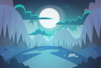 Mountain Range Spring Night Landscape Country Road Nature Background Flat Vector Illustration