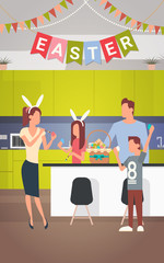 Family Kitchen Interior Celebrate Easter Holiday Decorated Colorful Eggs Greeting Card Flat Vector Illustration