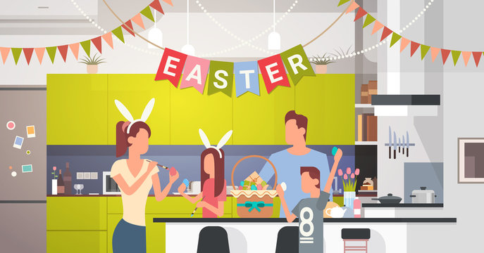 Family Kitchen Interior Celebrate Easter Holiday Decorated Colorful Eggs Greeting Card Flat Vector Illustration