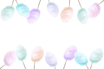 Hand drawn colorful Cotton candies with place for text - watercolor painting on white background