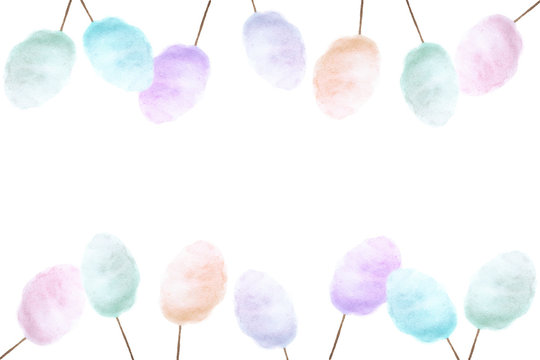 Hand drawn colorful Cotton candies with place for text - watercolor painting on white background