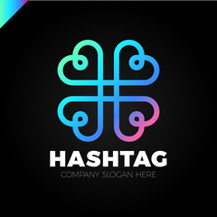 Four hearts social vector symbol. Heart cross logotype. Abstract line hashtag logo icon sign.