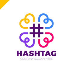 Four hearts social vector symbol. Heart cross logotype. Abstract line hashtag logo icon sign.