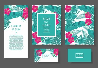 Template with tropical flowers and leaves. Pattern flyer, invitation, flyer, business card.