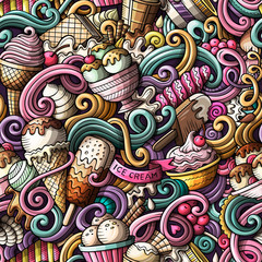 Fototapeta na wymiar Cartoon hand-drawn ice cream doodles seamless pattern