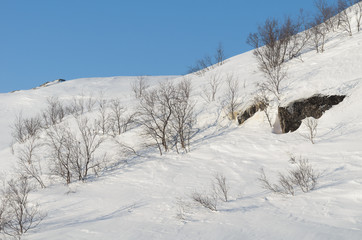 Fototapeta na wymiar Winter landscape,blue sky,hills.