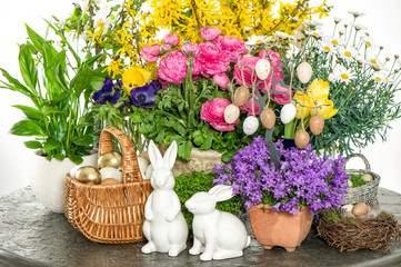 Spring flowers easter decoration white bunny