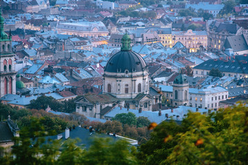 Fototapeta na wymiar Center of an old European city from a top view. Ukrainian city Lviv