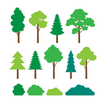 stylized trees and bushes set in flat style on white background