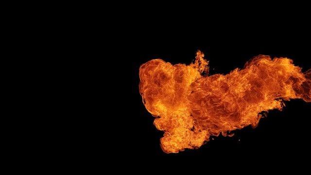 Fire ball explosion shooting with high speed camera, isolated fire flame, slow motion gas ignition from right to left, isolated on black background, perfect for digital composition, video mapping.