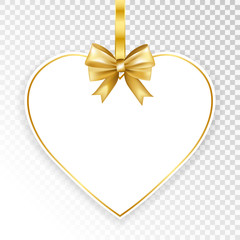 Paper white frame with gold bow isolated on transparent  background. Vector illustration.