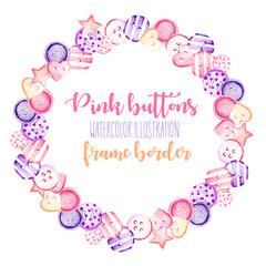 Wreath, circle frame with watercolor pink and purple buttons, hand drawn isolated on a white background, postcard template