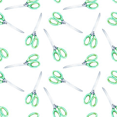 Seamless pattern with watercolor scissors, hand drawn isolated on a white background