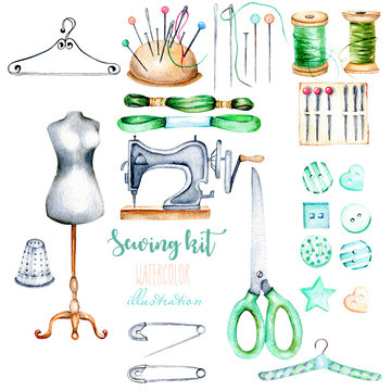 Set, collection of watercolor sewing elements, hand drawn isolated on a white background