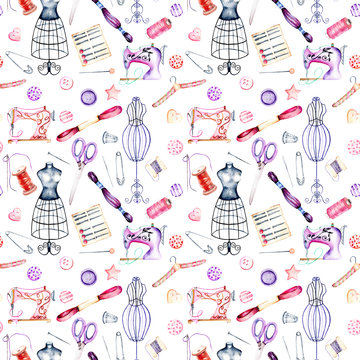 Seamless pattern with watercolor sewing elements, hand drawn isolated on a white background