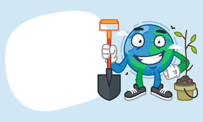 Concept Earth Character Holding Shovel and Smiling