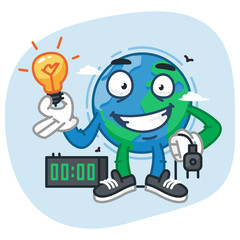 Earth Character Holding Light Bulb and Electric Plug