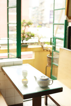 Table and bench in Asian cafe