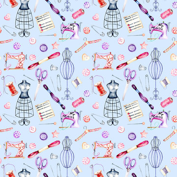 Seamless pattern with watercolor sewing elements, hand drawn isolated on a blue background