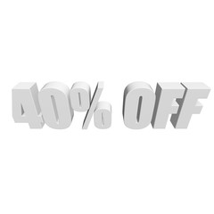 40 percent off letters on white background. 3d render isolated.
