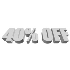 40 percent off letters on white background. 3d render isolated.