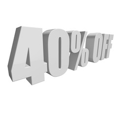 40 percent off letters on white background. 3d render isolated.