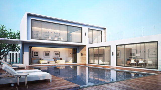 3D Rendering Modern House Pool Villa / Pool View Daybed on the floor deck wood with livingroom Kitchen and Dining room 