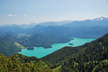 Fototapeta na wymiar Beautiful panorama of Walchensee from above in the bavarian alps