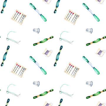 Seamless pattern with watercolor green and blue thread floss and needles, hand drawn isolated on a white background