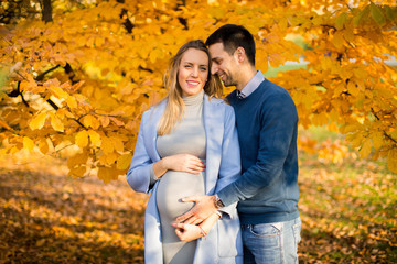 Fototapeta premium Young pregnant woman and her husband in the autumn park