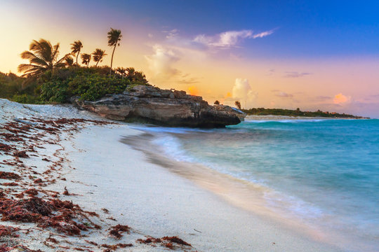 Sunset on the beach of Playa del Carmen at caribbean sea, Mexico