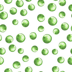 Seamless green polka dot pattern with watercolor stains on white background. Hand drawn illustration.