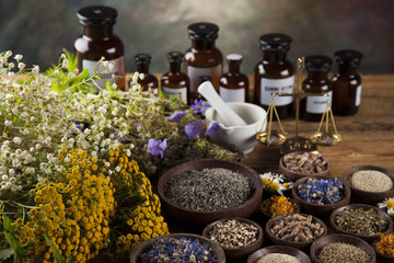 Herbs, berries and flowers with mortar, on wooden table background
