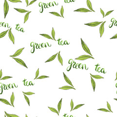 Seamless pattern with green tea leaves and hand lettering. Hand drawn watercolor illustration.
