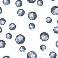 Seamless indigo polka dot pattern with watercolor stains on white background. Hand drawn illustration.