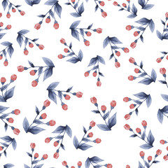 Pink and indigo blue flowers and leaves seamless pattern painted by watercolor. Hand drawn illustration.