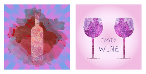 Wine tasting card set, with colored bottle and a glass over a burgundy background. Digital vector image.