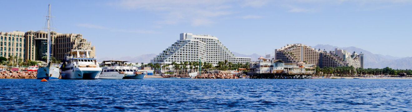 Panoramic view on central beach of Eilat - the southernmost port and famous resort city in Israel
