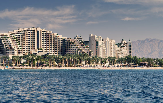 Central public beach of Eilat - the southernmost port and famous resort city in Israel