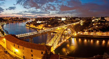 Main viewpoint of Porto. Sunset postcard panoramic view on Porto and Dom Luís I Bridge. Long exposure. Famous touristic place.