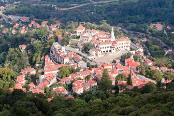 Fototapeta na wymiar Panoramic view of Sintra town. Major tourist destination in Portugal. Luxury dining and tourism destination within the Portuguese Riviera. UNESCO World Heritage Site.