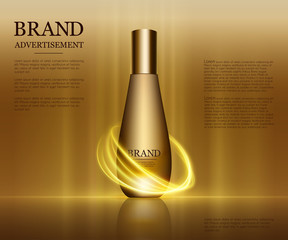 Cosmetic ads template, droplet bottle mockup isolated on dazzling background. Golden foil and bubbles elements. 3D illustration.