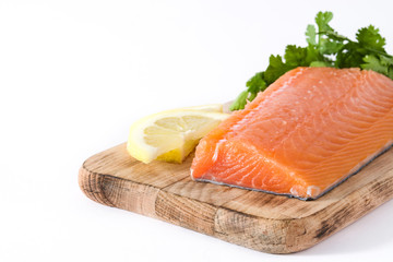 Raw salmon fillet isolated on white background
