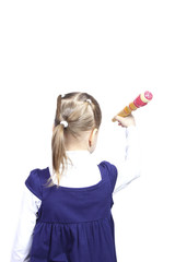 little girl draws pencil on white background