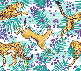 Leopard or cheetah and palm leaves tropical  seamless pattern. Stylish wild vector background.